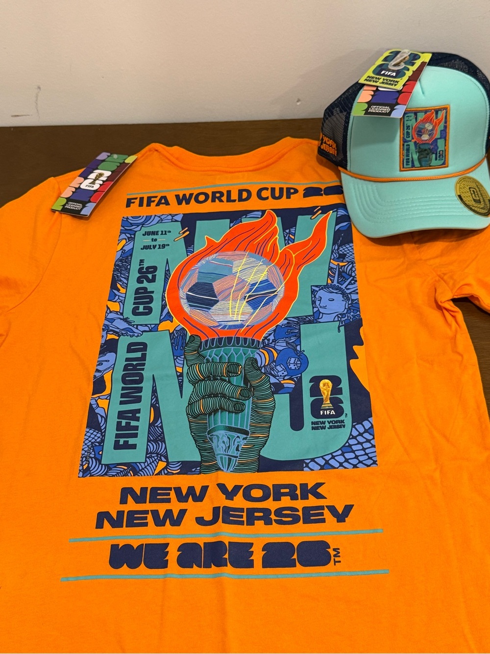 FIFA World Cup NYC & NJ Host Orange/Green Graphic Tee & Hat (NEW, WITH TAGS)